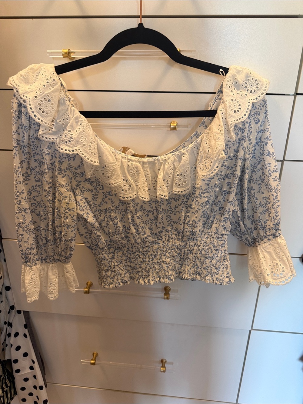 Wayf White and Blue Floral Eyelet Ruffle Smocked Peasant Top